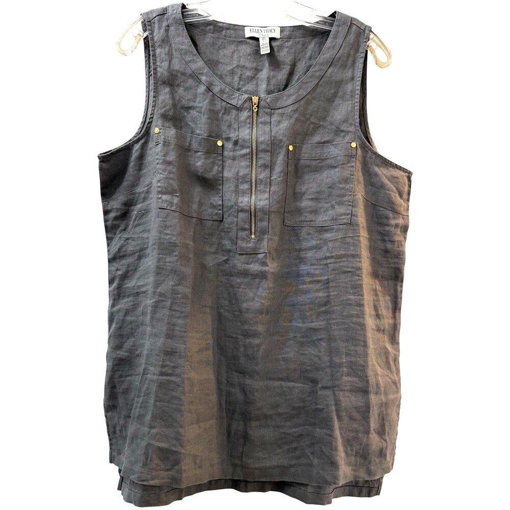 Ellen Tracey Womens Gray Linen Sleeveless Top Large Gold Zipper Chest Pockets